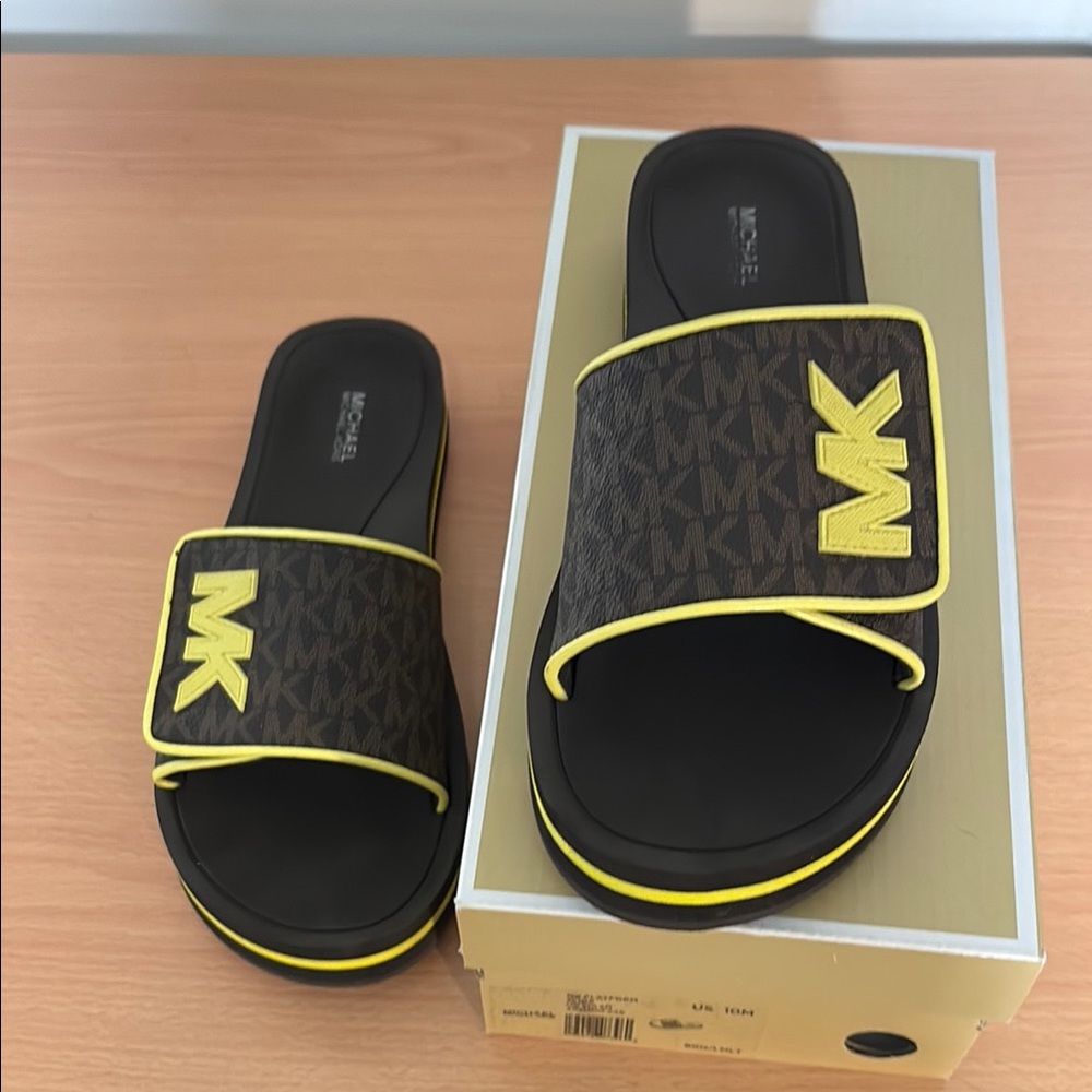 Michael Kors Brown and Yellow Logo Slides